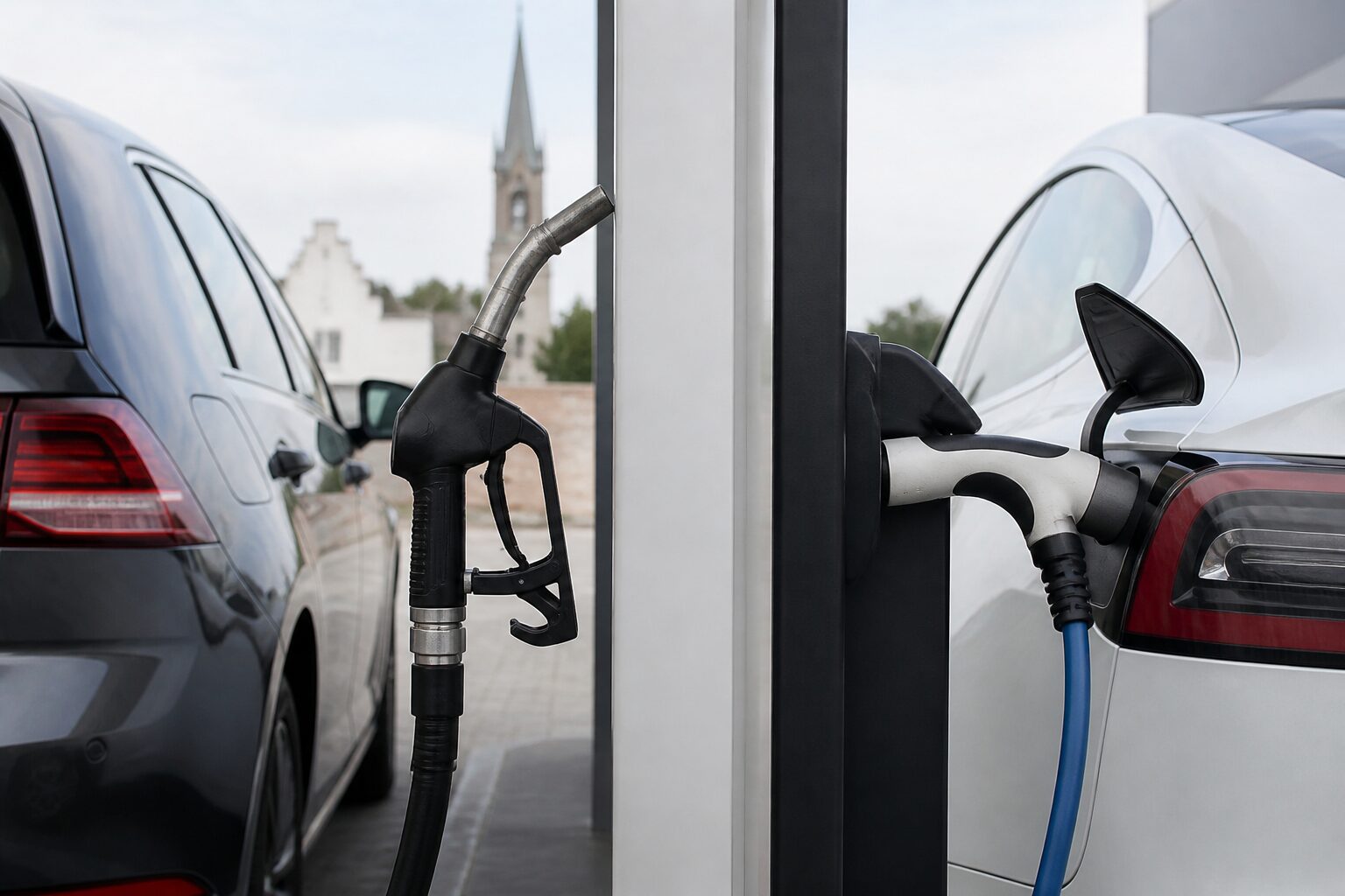 Benzine-, diesel-, hybride- en elektrische wagens op een rij bij een dealer in België