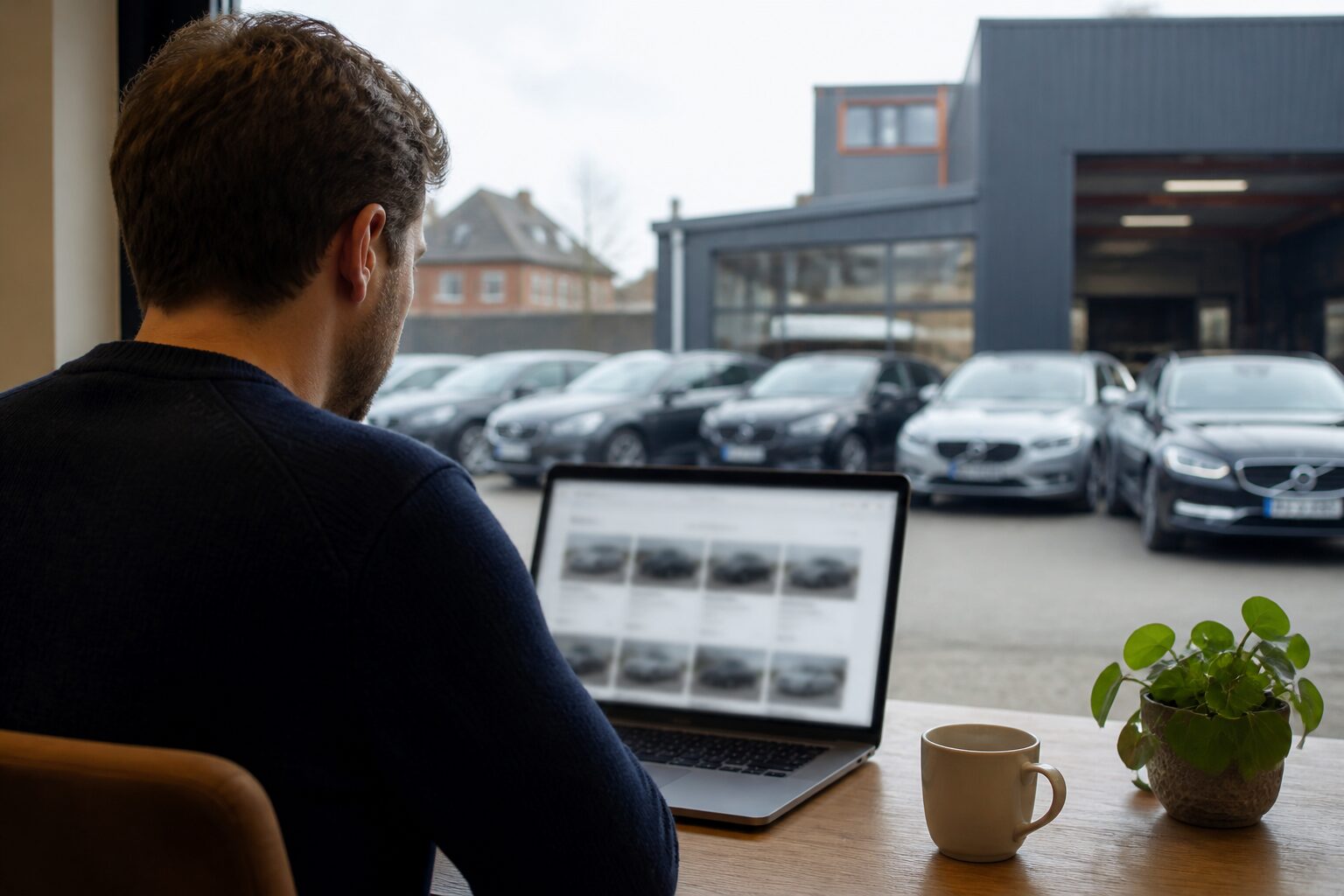 Acheteur qui compare des annonces de voitures d'occasion sur un ordinateur, face au parking d'un garage